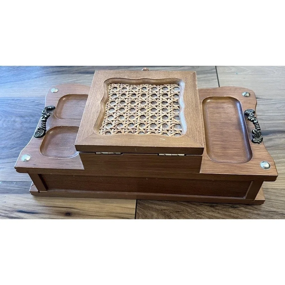 Vintage Tundra Imports Wood Valet Jewelry Box Cane Lid Drawer 13